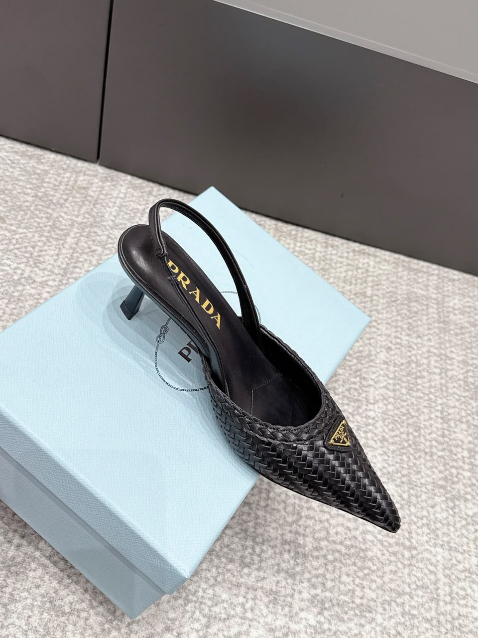 Prada Woven Leather Slingback Pumps Black .