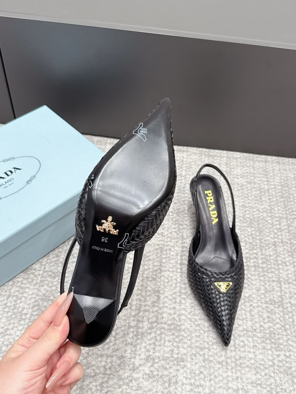 Prada Woven Leather Slingback Pumps Black .