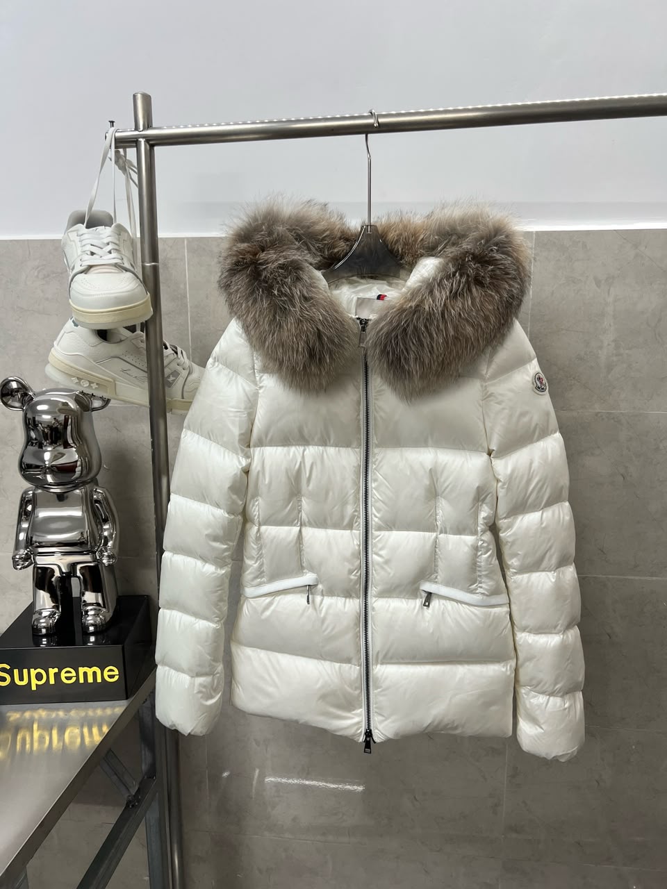 Jacket Moncler Boed Hooded Shearling Short Down White