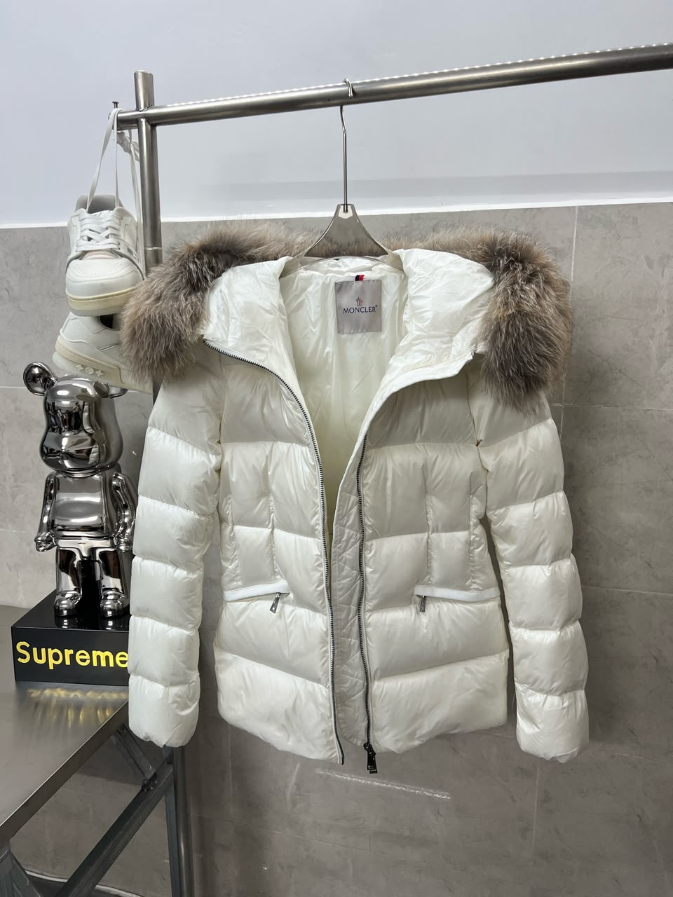 Jacket Moncler Boed Hooded Shearling Short Down White