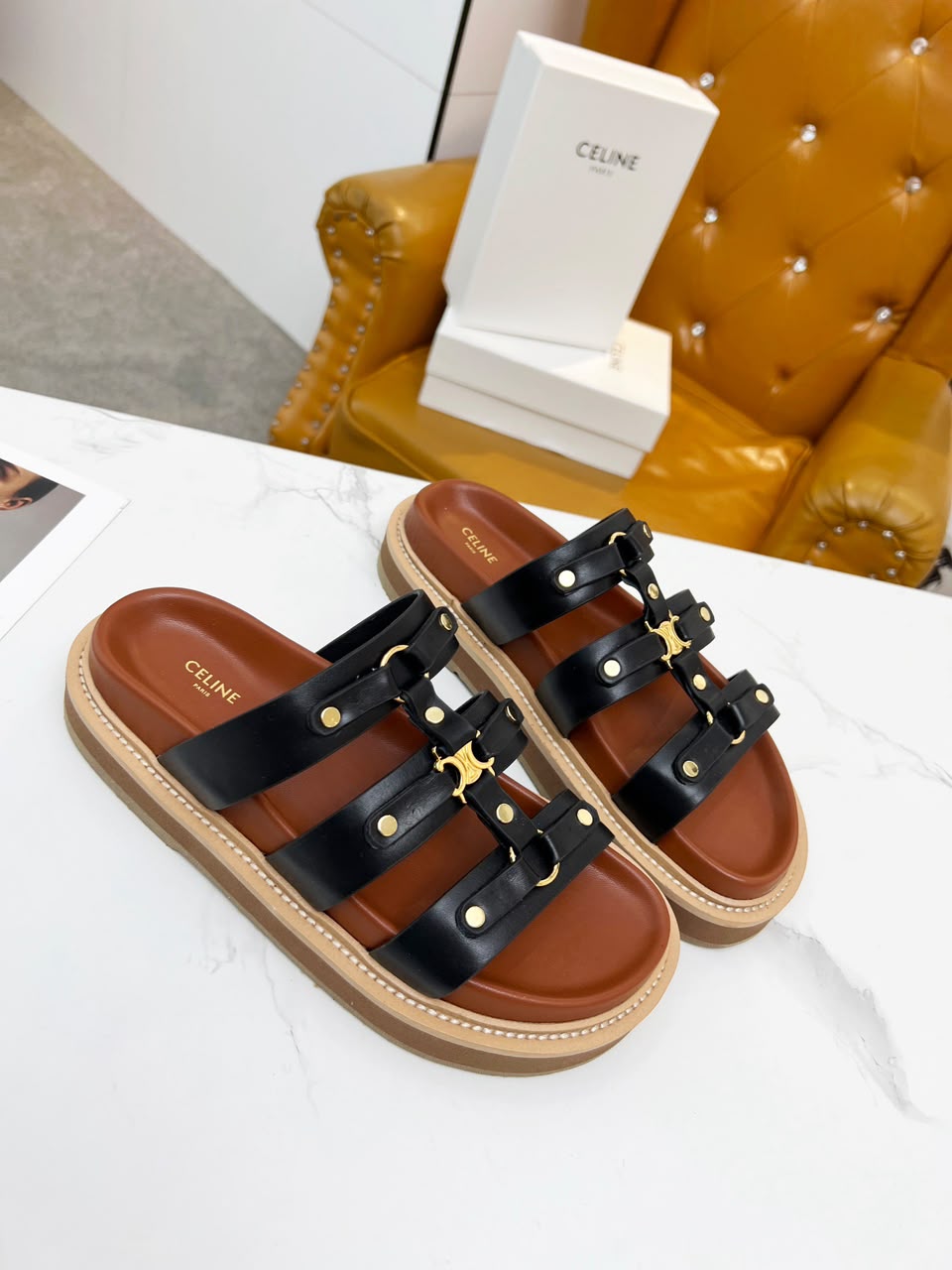 Celine Tippi Slide in Calfskin .