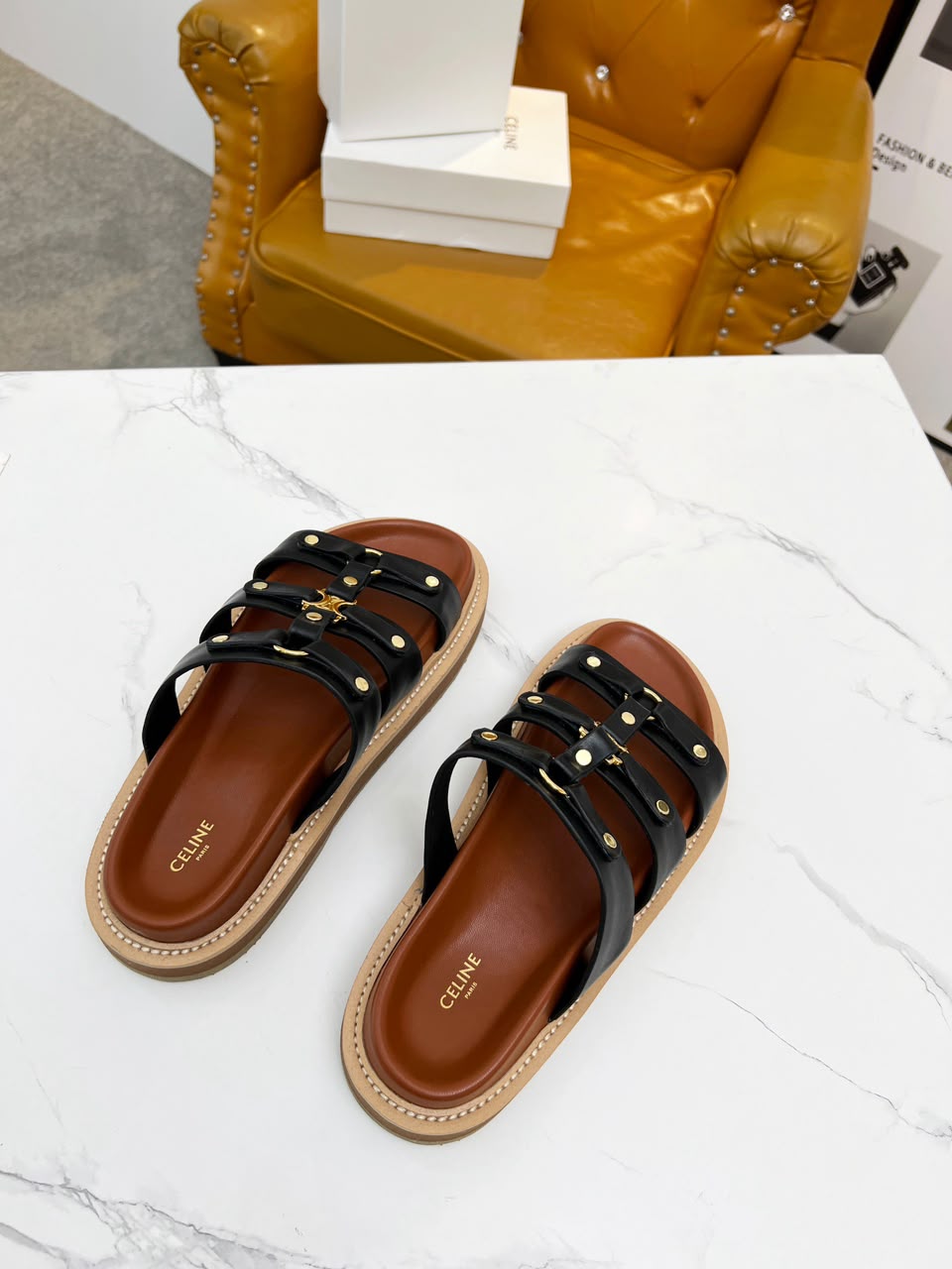 Celine Tippi Slide in Calfskin .