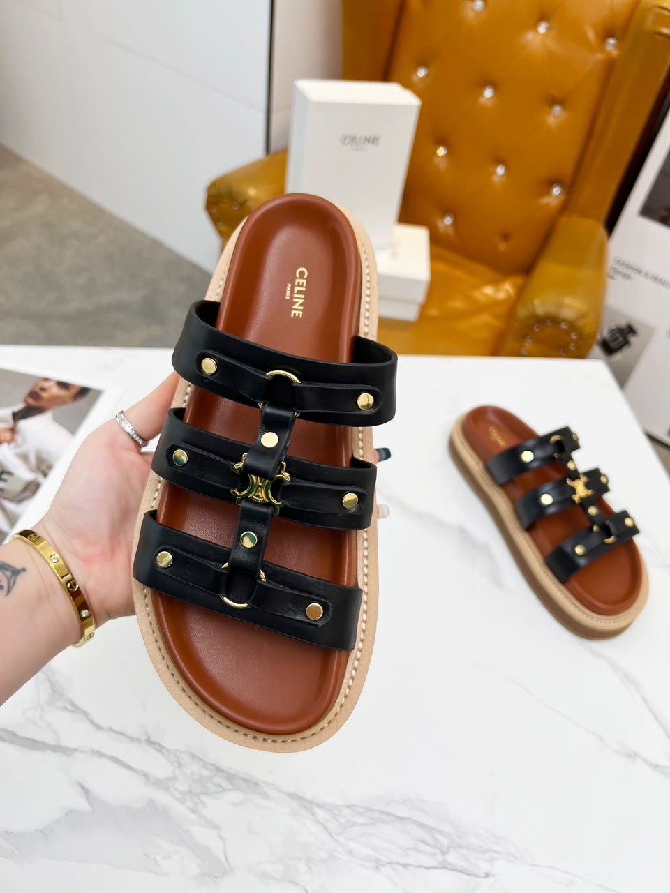 Celine Tippi Slide in Calfskin .