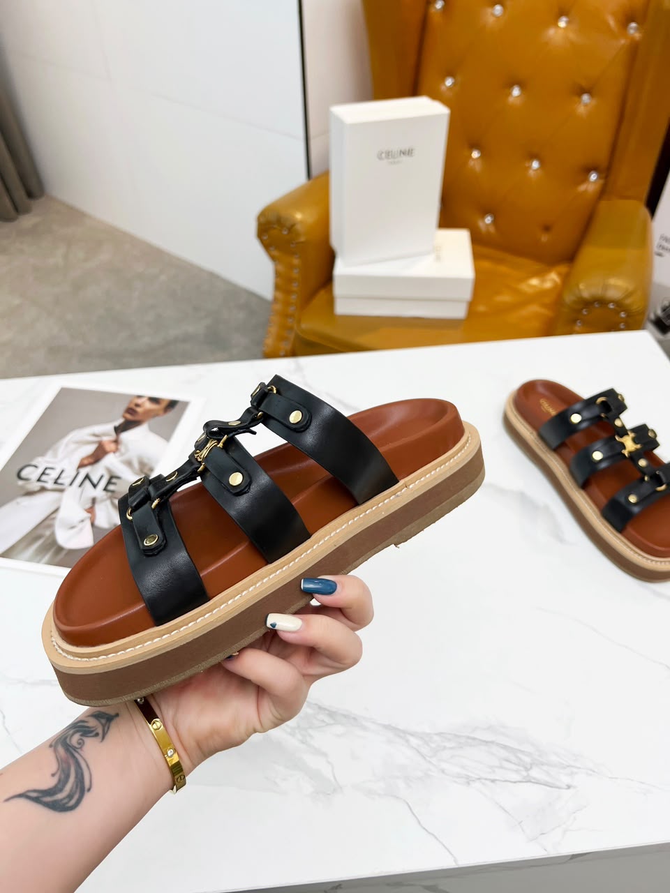 Celine Tippi Slide in Calfskin .