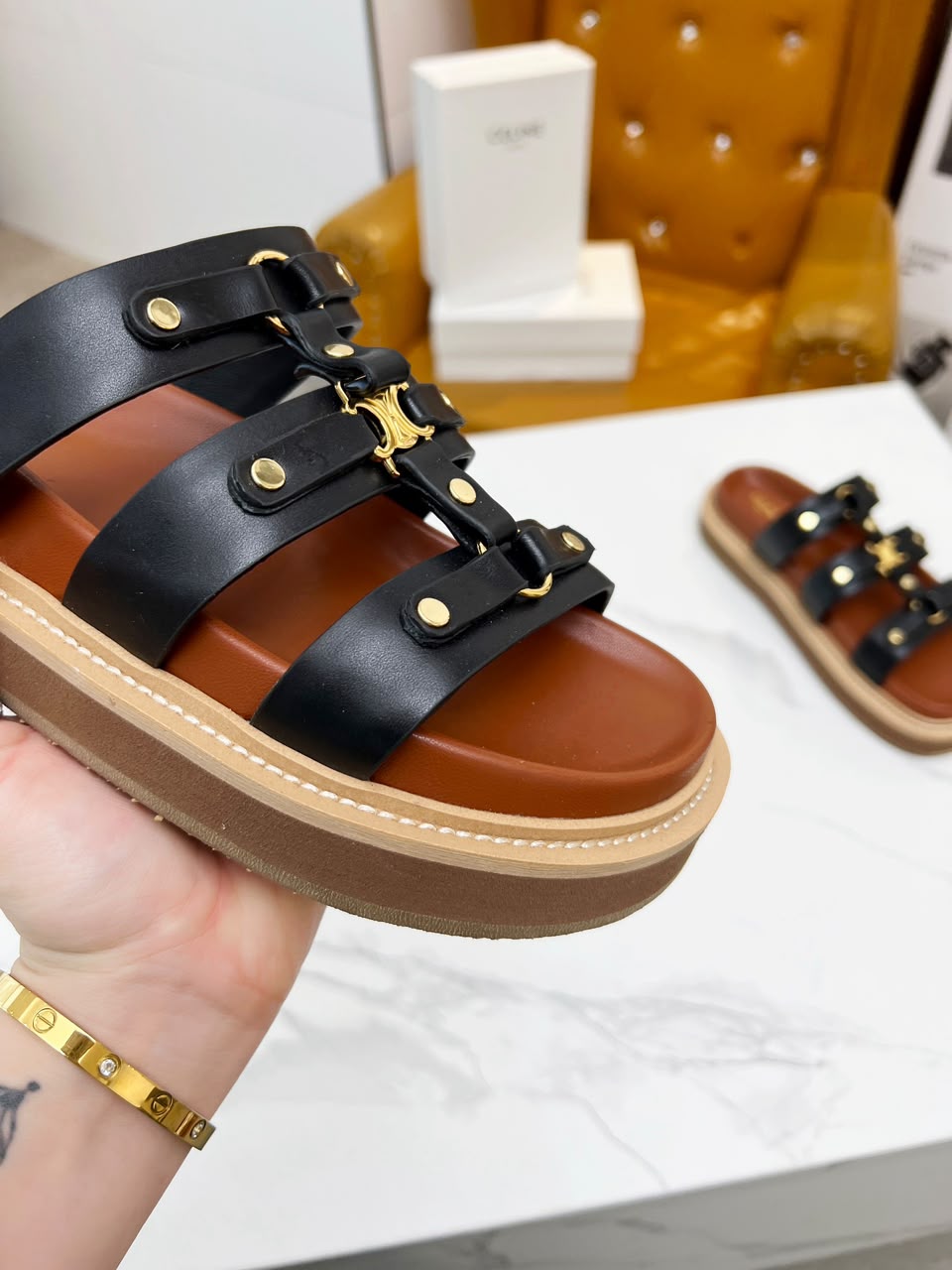 Celine Tippi Slide in Calfskin .