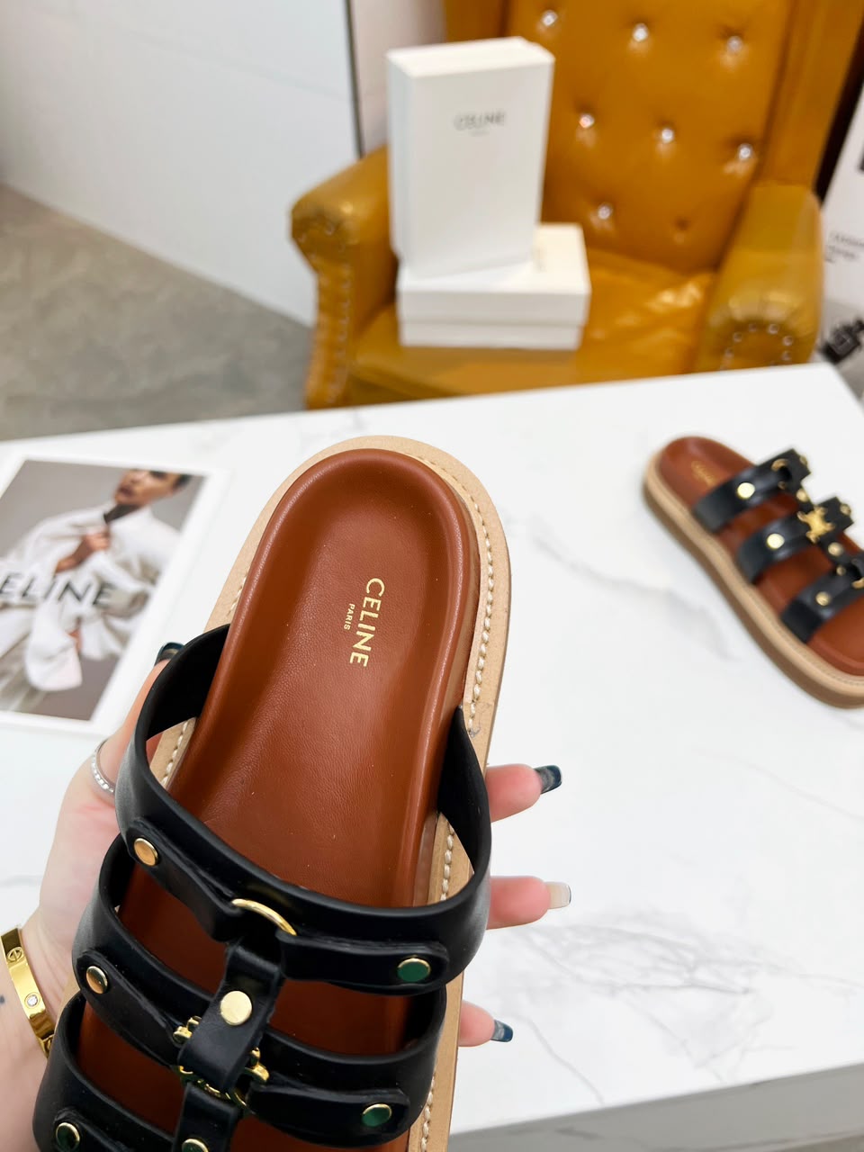 Celine Tippi Slide in Calfskin .