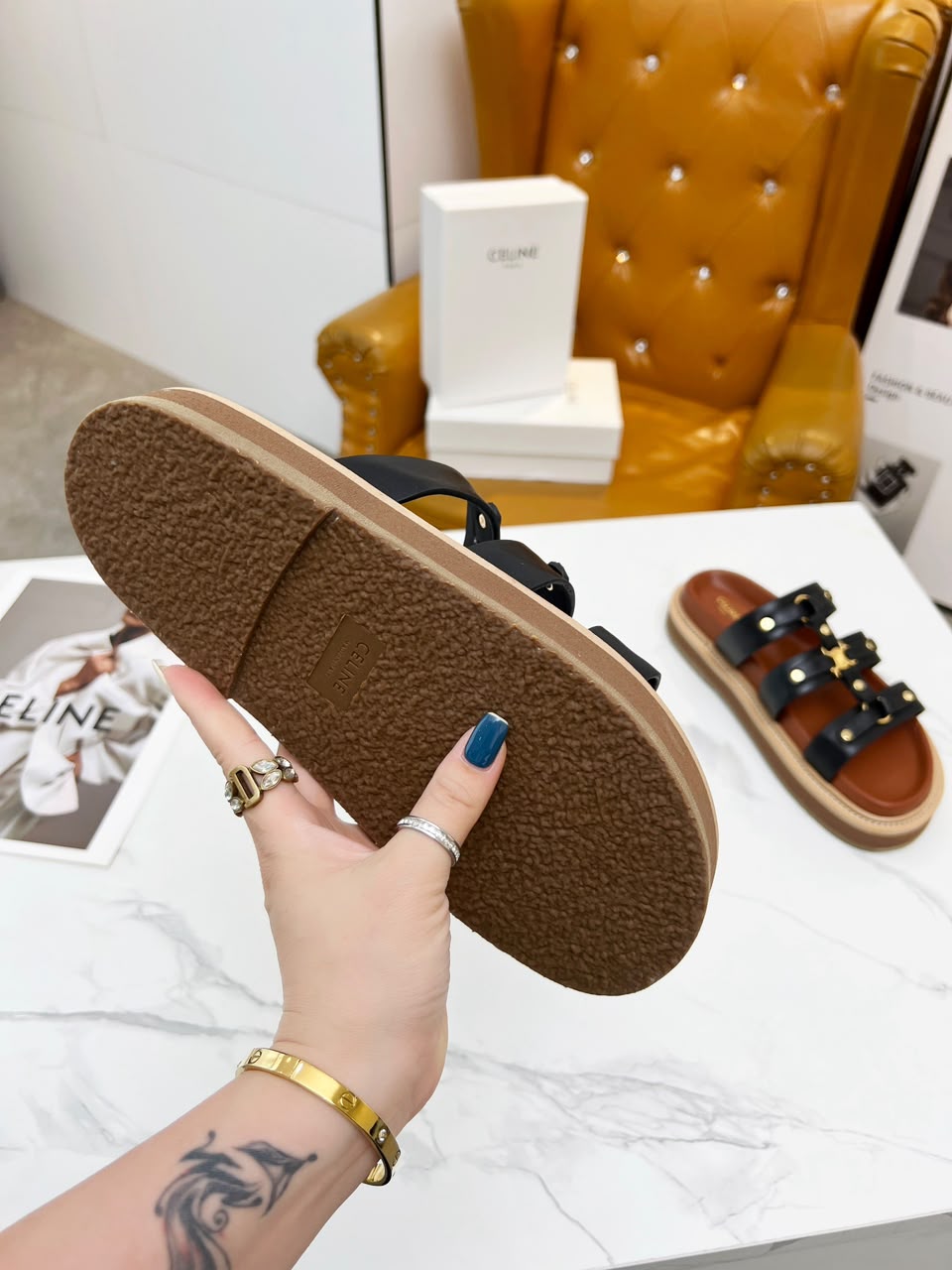 Celine Tippi Slide in Calfskin .