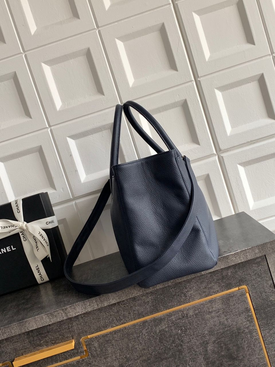 Chanel Executive Cerf Tote Black Leather Gold Hardware .