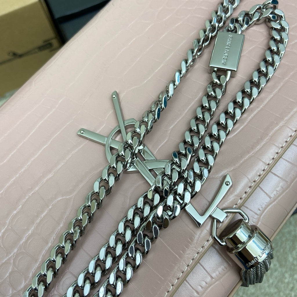 Saint Laurent Shoulder Bag Pink Blush Croc Ferragens Prata