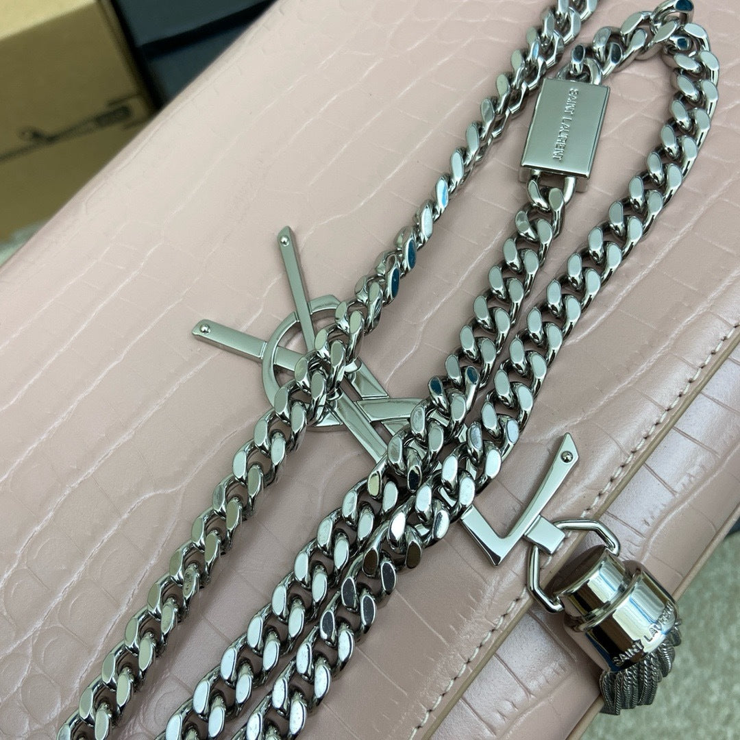 Saint Laurent Shoulder Bag Pink Blush Croc Ferragens Prata