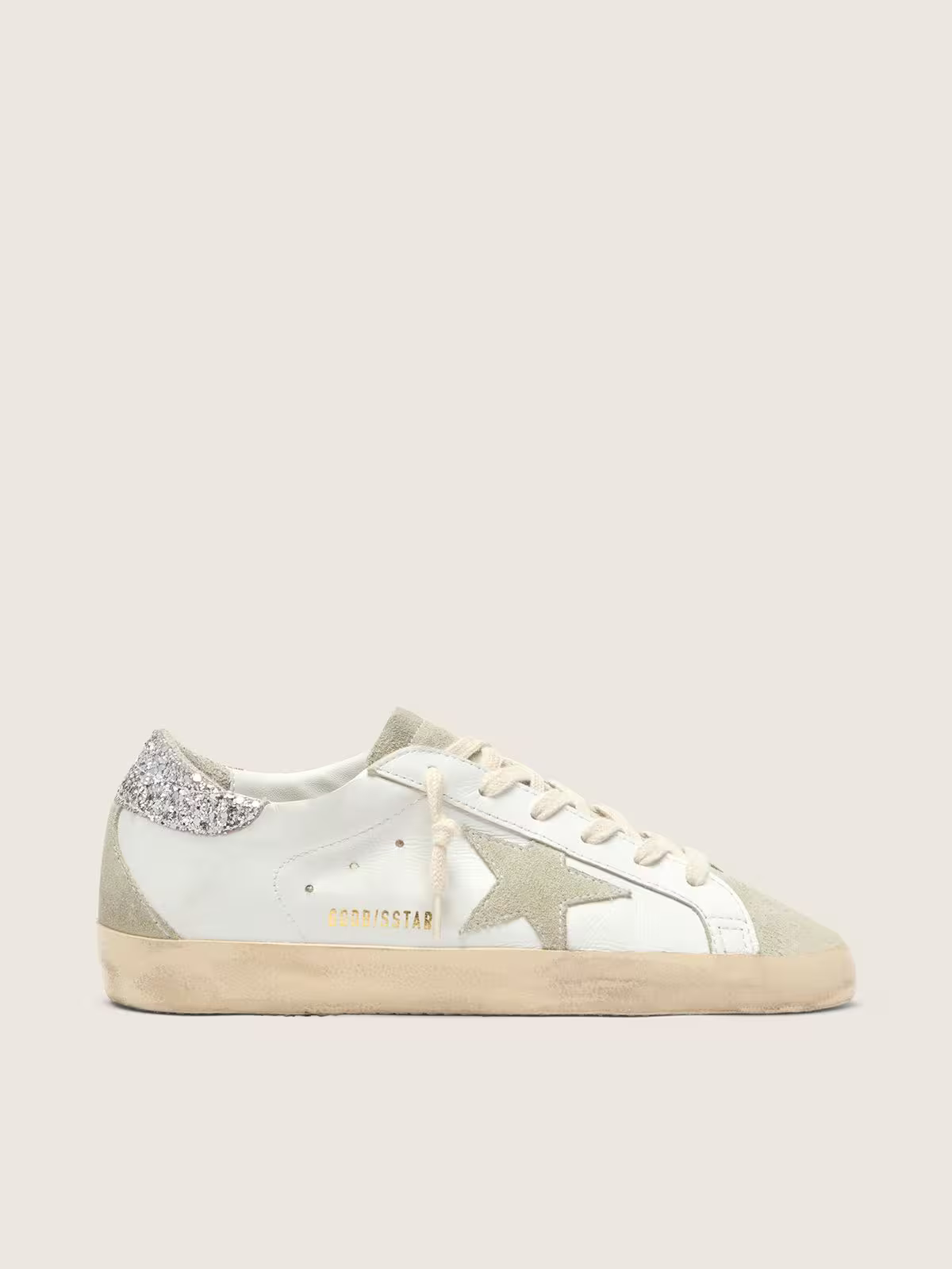 Golden Goose Super-Star White Leather Ice Suede Silver Glitter Heel