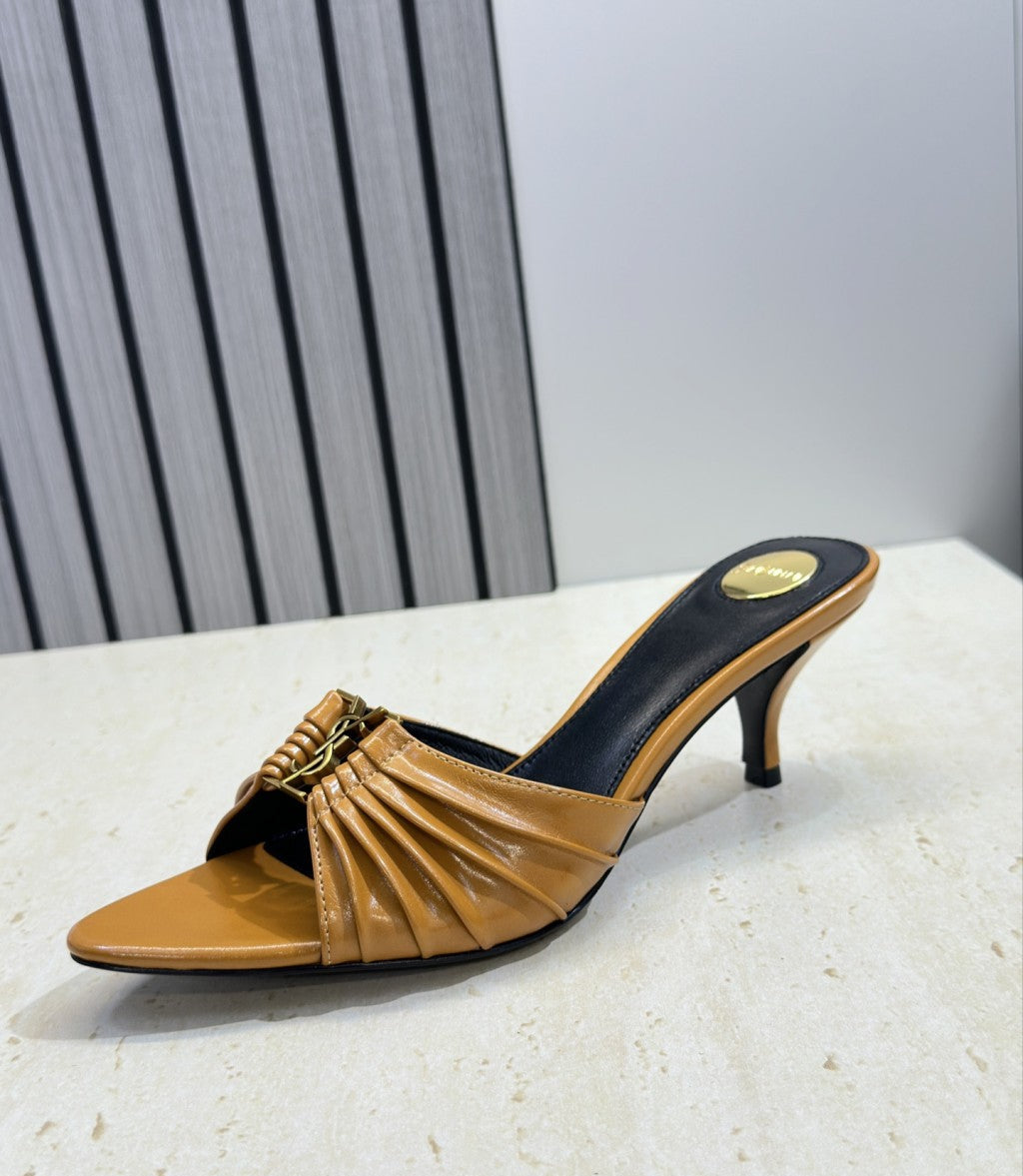 Saint Laurent Babylone Cassandra Draped Leather Mule Camel