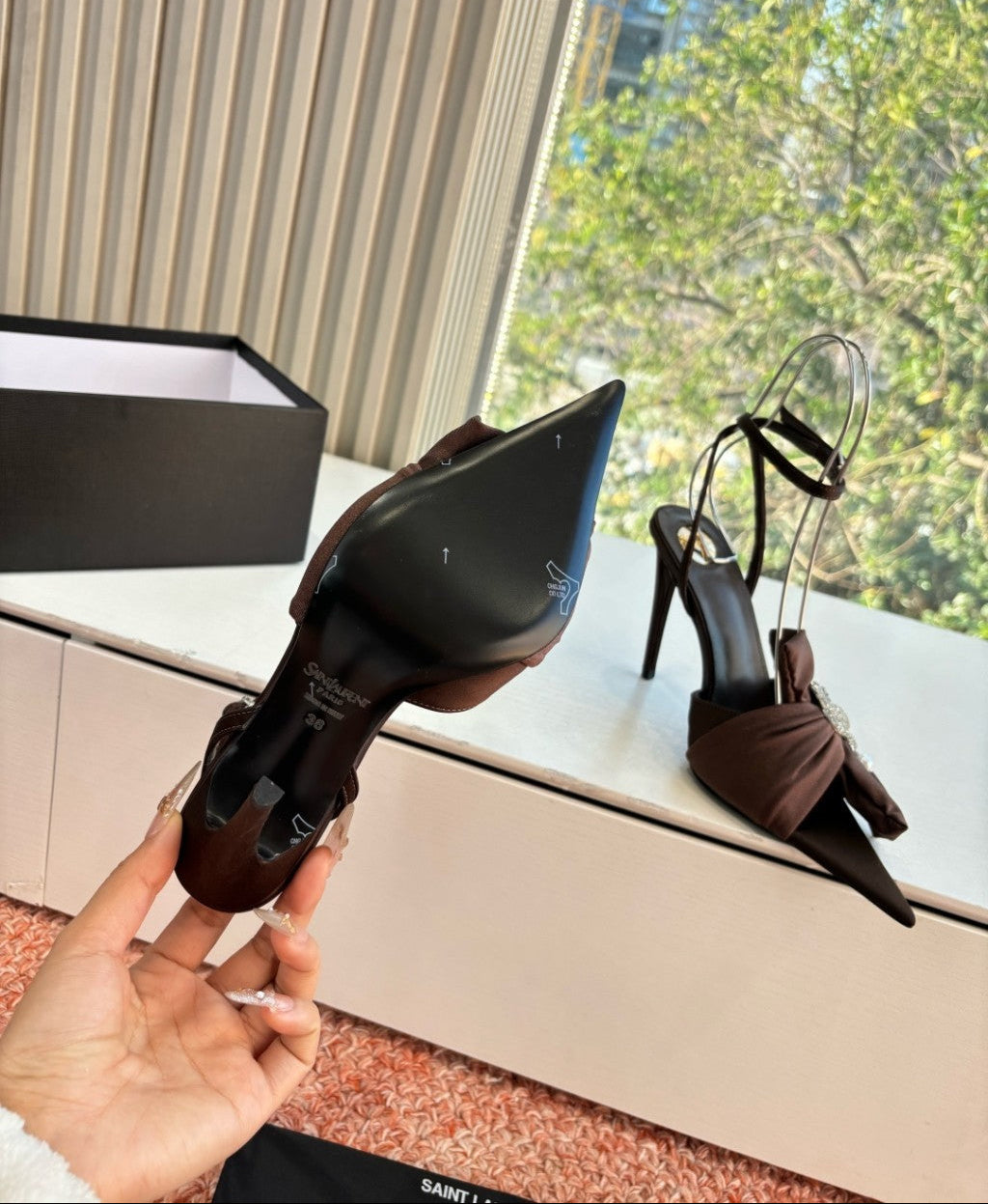 Saint Laurent Dove Sandals in Satin Crepe and Rhinestones Brown