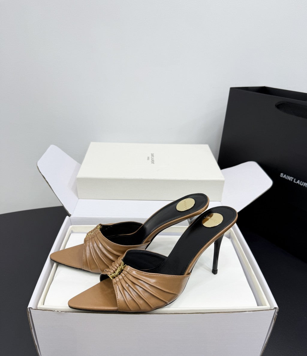 Saint Laurent Babylone Ruched Mules in Leather Camel