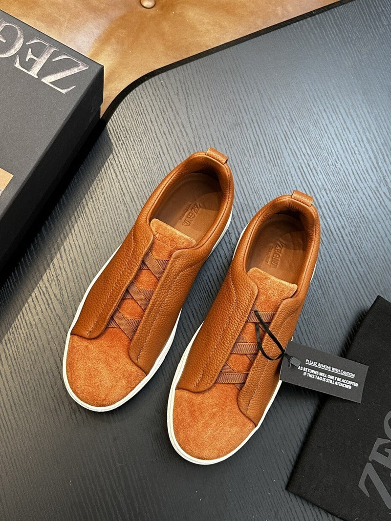 zegna Tobacco Suede Triple Stitch Sneakers