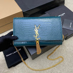 Saint Laurent Shoulder Bag Blue petróleo Croc Ferragens Douradas