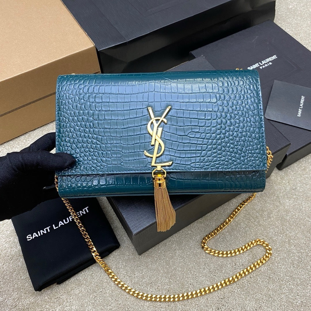 Saint Laurent Shoulder Bag Blue petróleo Croc Ferragens Douradas