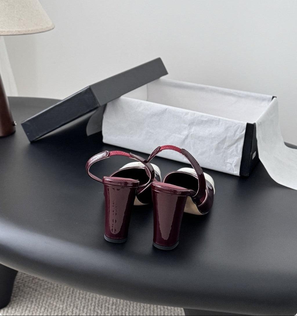 Chanel Slingback Block Heel  Burgundy & White  Patent. Salto 9 cm.