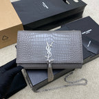 Saint Laurent Shoulder Bag Grafite Croc Ferragens Prata
