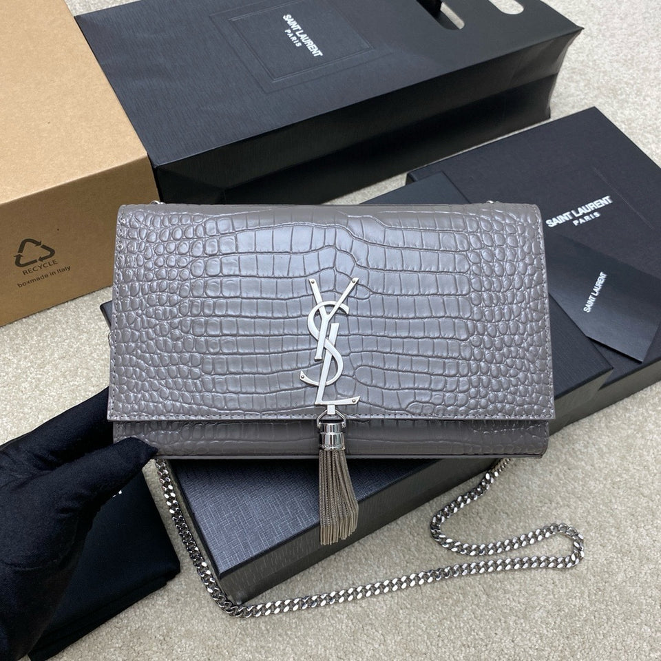 Saint Laurent Shoulder Bag Grafite Croc Ferragens Prata