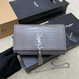 Saint Laurent Shoulder Bag Grafite Croc Ferragens Prata