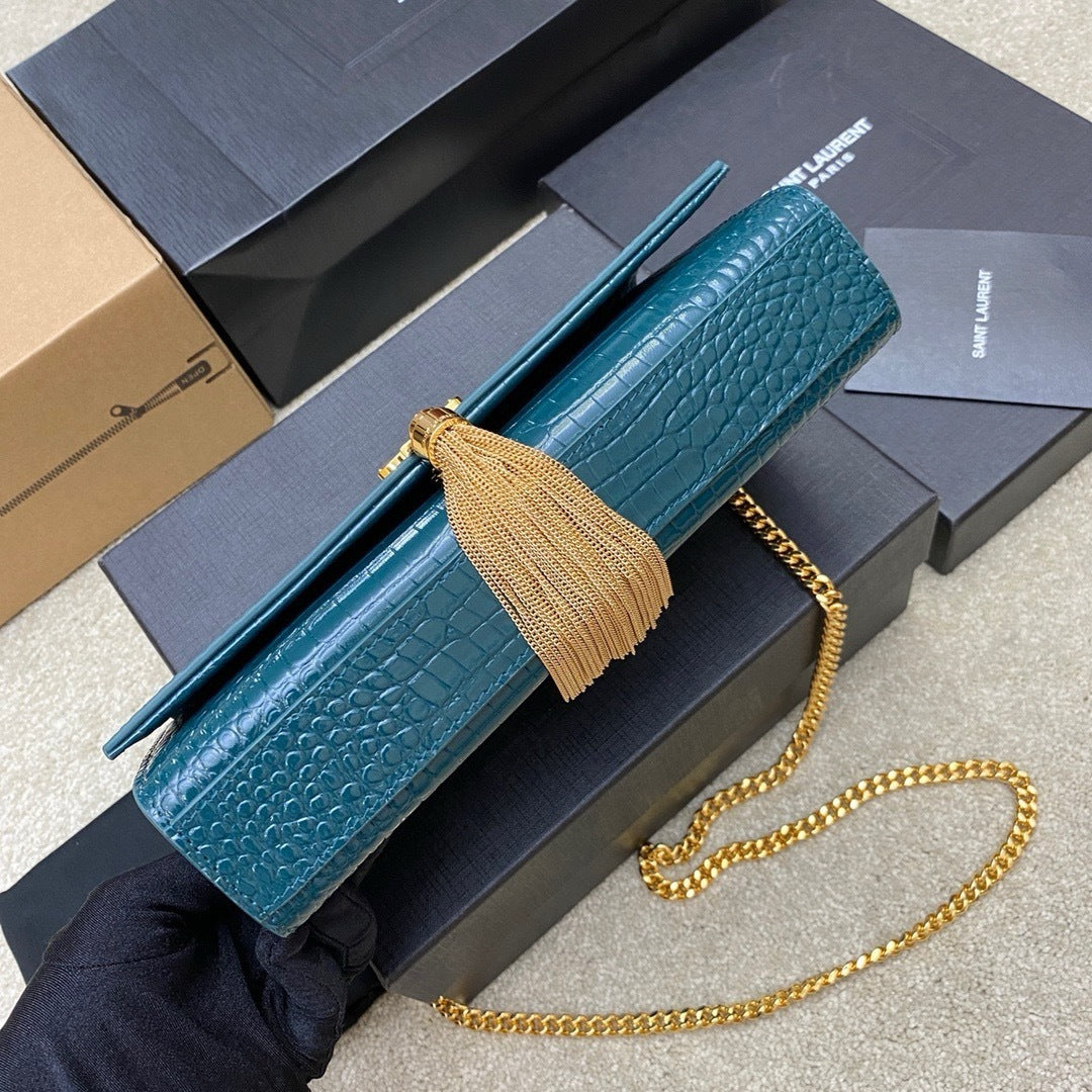 Saint Laurent Shoulder Bag Blue petróleo Croc Ferragens Douradas