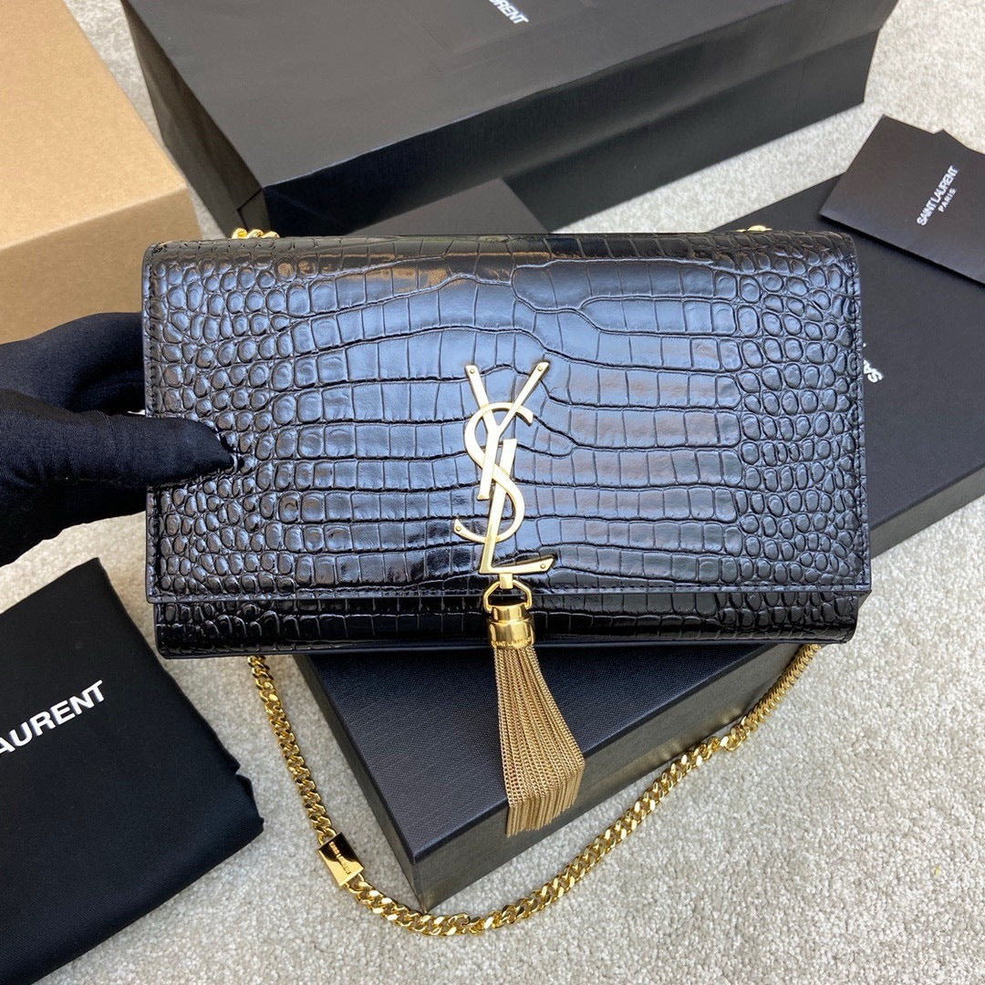 Saint Laurent Shoulder Bag Black Croc Ferragens Dourados