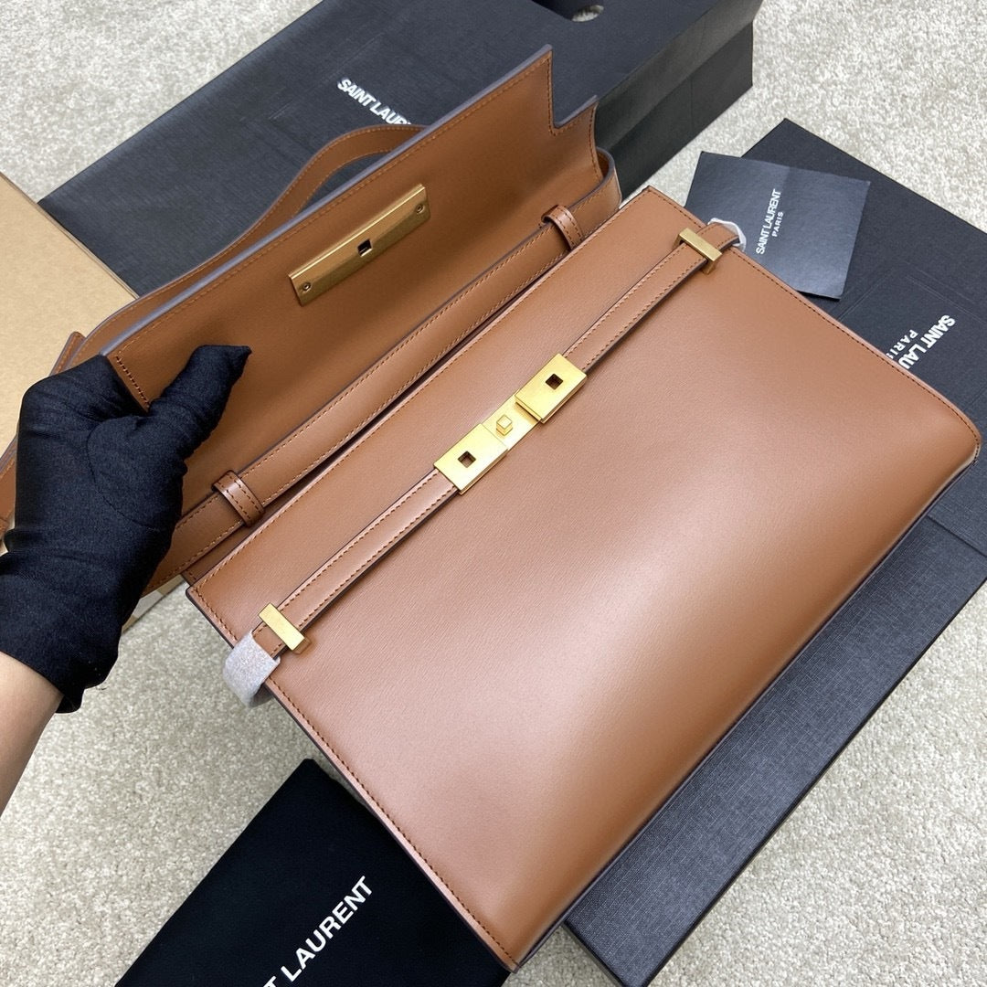 Saint Laurent Manhattan Small Shoulder Bag Brown Ferragens Douradas