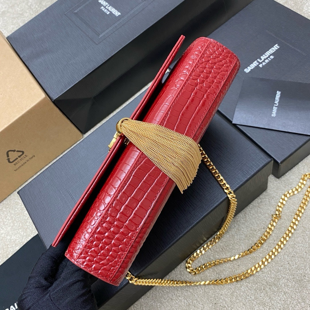 Saint Laurent Shoulder Bag Red Croc Ferragens Douradas