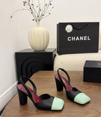 Chanel Slingback Block Heel  Black Mint & Green  Patent. Salto 9 cm.