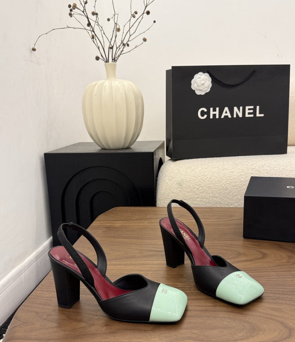 Chanel Slingback Block Heel  Black Mint & Green  Patent. Salto 9 cm.