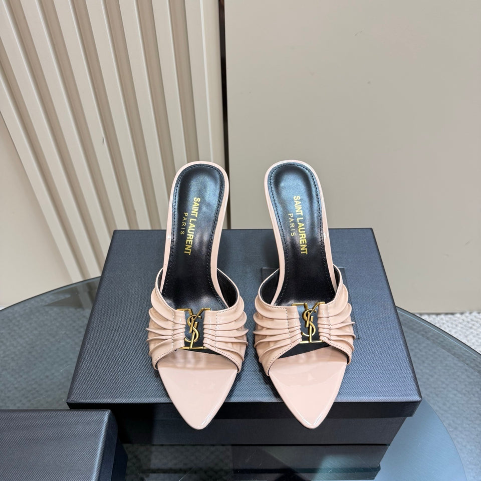 Saint Laurent Babylone Ruched Mules in Leather Nude