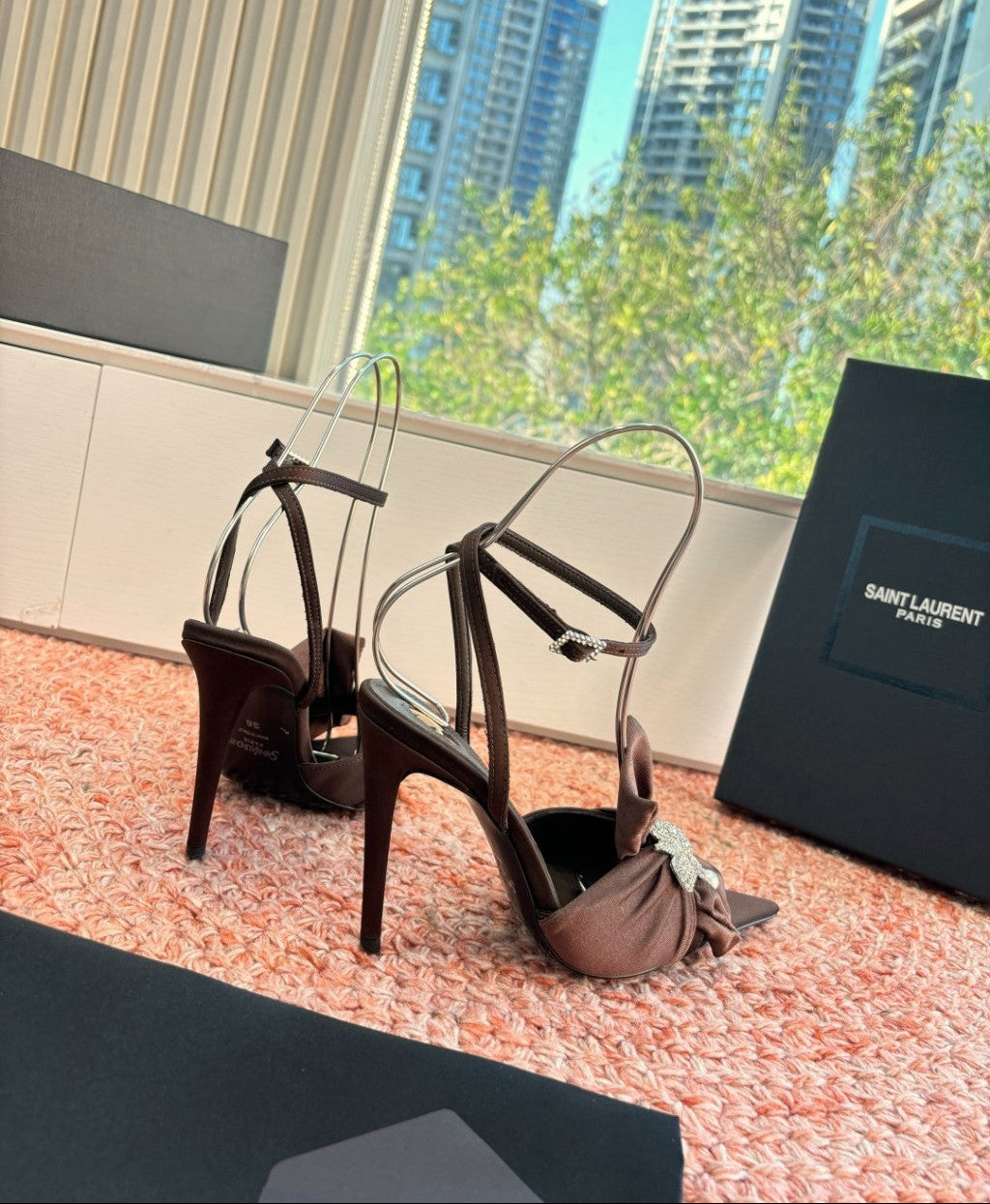 Saint Laurent Dove Sandals in Satin Crepe and Rhinestones Brown