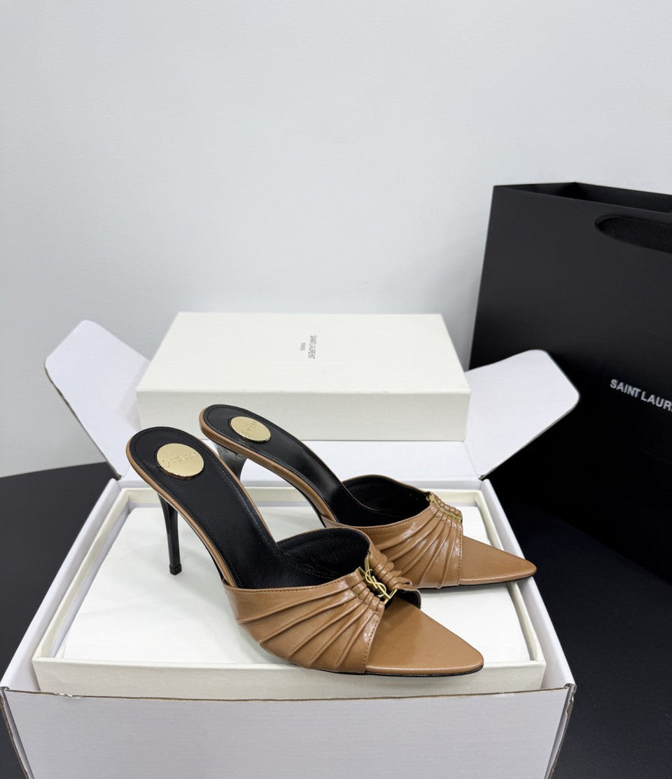 Saint Laurent Babylone Ruched Mules in Leather Camel