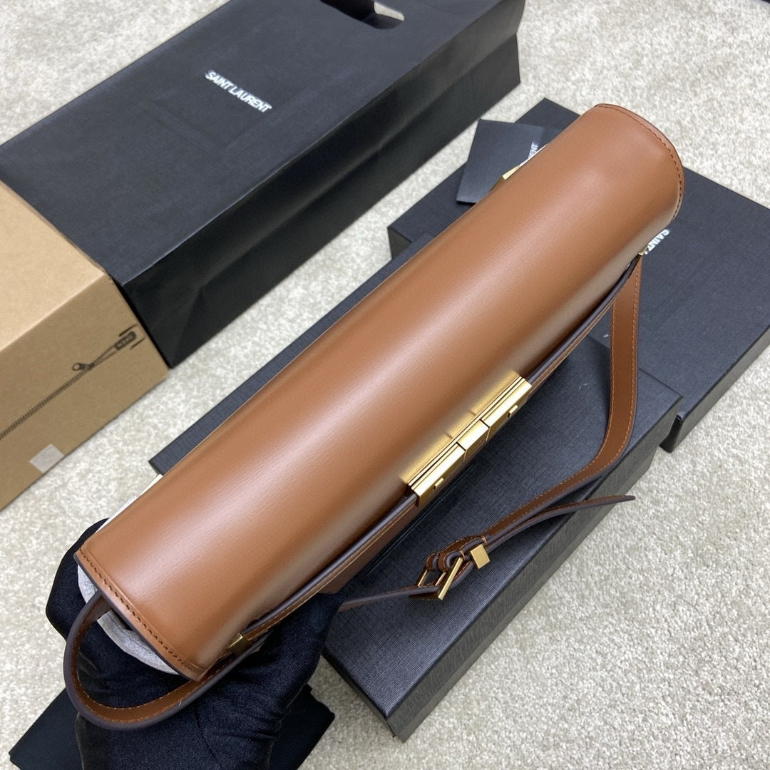 Saint Laurent Manhattan Small Shoulder Bag Brown Ferragens Douradas