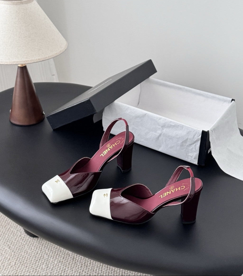 Chanel Slingback Block Heel  Burgundy & White  Patent. Salto 9 cm.