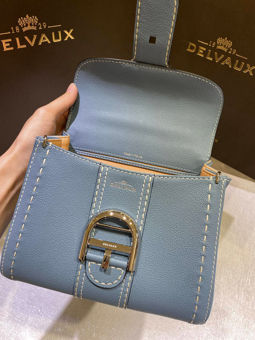 Delvaux Brillant Mini Leather Bag Cinza Blue Ferragens Prata