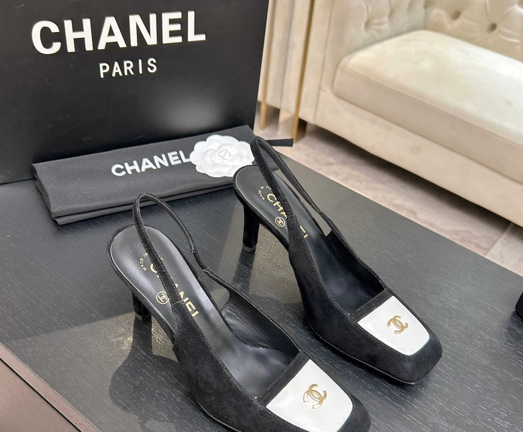 Chanel Slingback Heel Suede Black White Gold