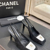 Chanel Slingback Heel Suede Black White Gold