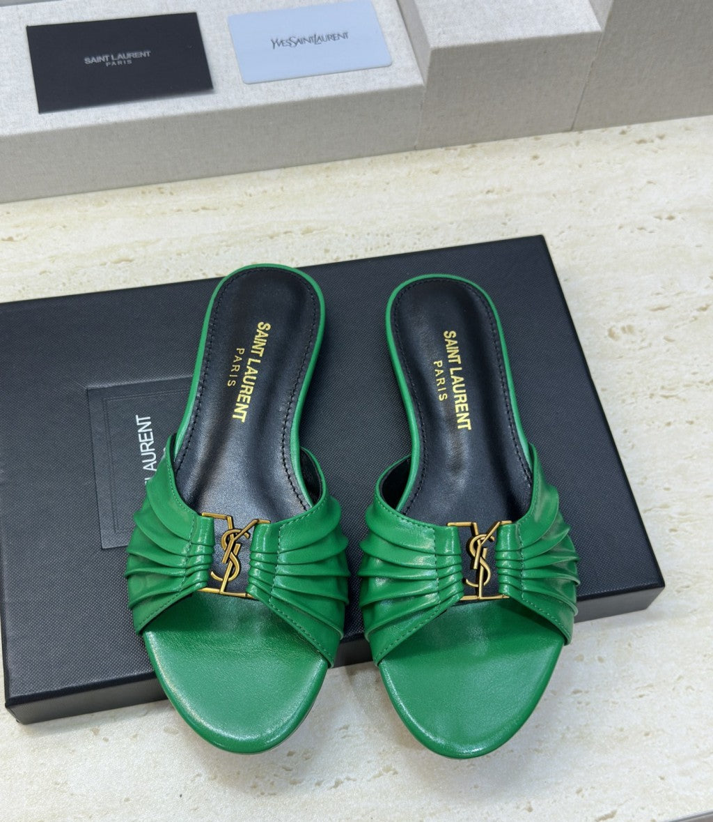 Saint Laurent Flat Slide Sandals Green Gold