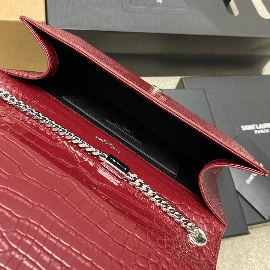 Saint Laurent Shoulder Bag Bordo Croc Ferragens Prata