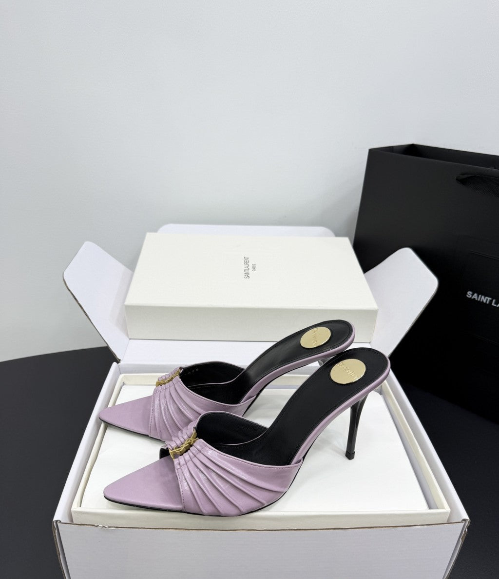Saint Laurent Babylone Ruched Mules in Leather Lilac