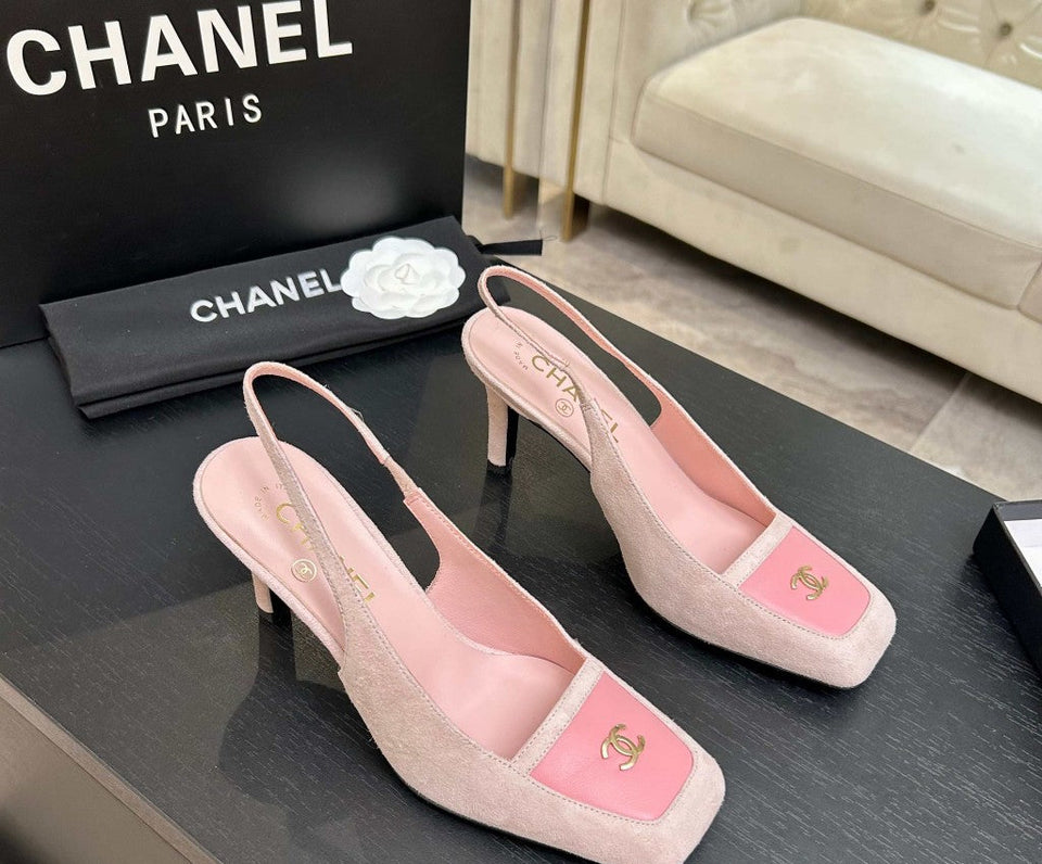 Chanel Slingback Heel Suede Light Pink Pink Gold