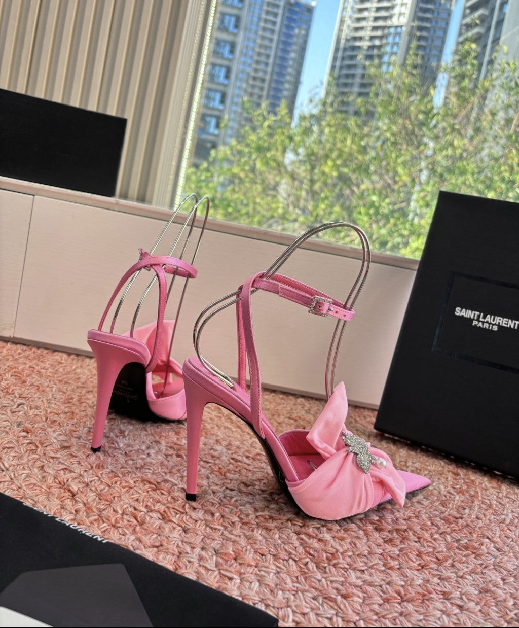 Saint Laurent Dove Sandals in Satin Crepe and Rhinestones Baby Pink