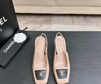 Chanel Slingback Heel Suede Beige Black Gold