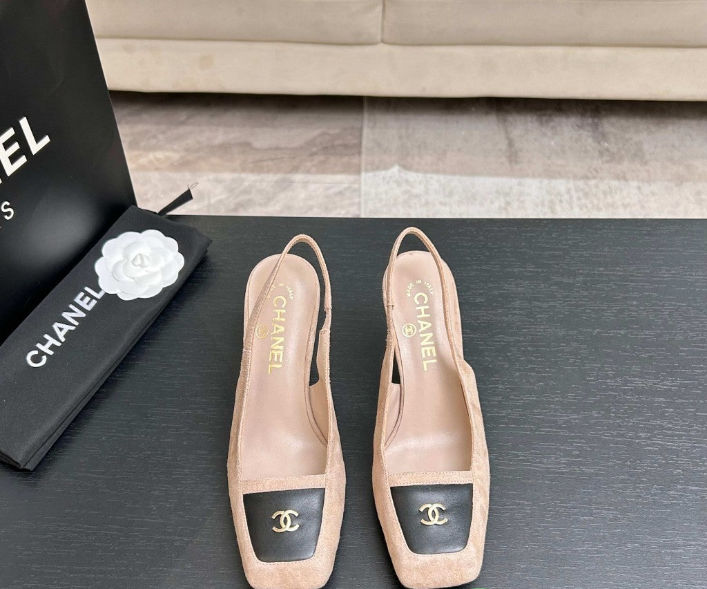 Chanel Slingback Heel Suede Beige Black Gold