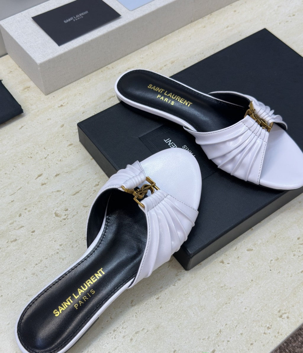 Saint Laurent Flat Slide Sandals White Gold