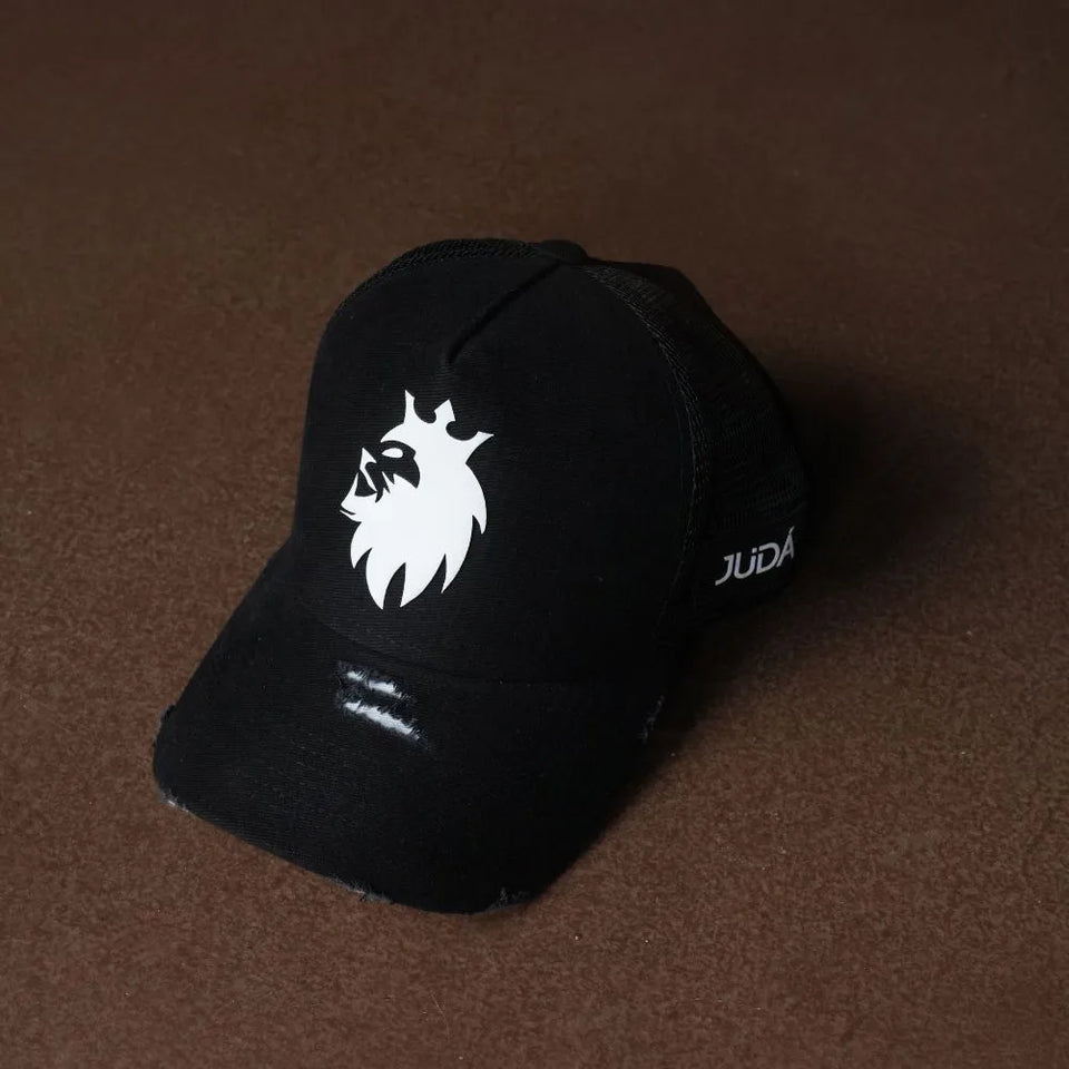 Boné Judá Crowned Lion Trucker Distressed Black & White (Pronta Entrega)