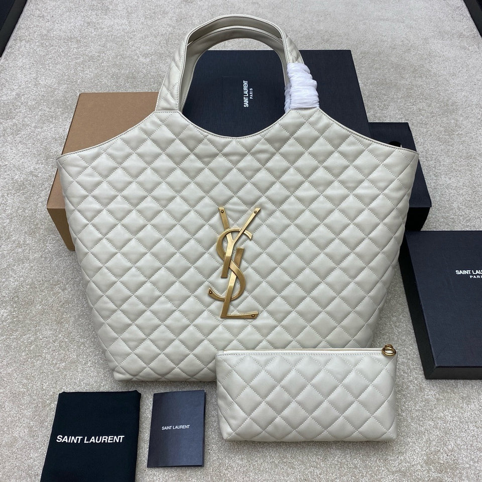 Saint Laurent Icare Maxi Tote Shopping Bag White Ferragens Douradas 58cm