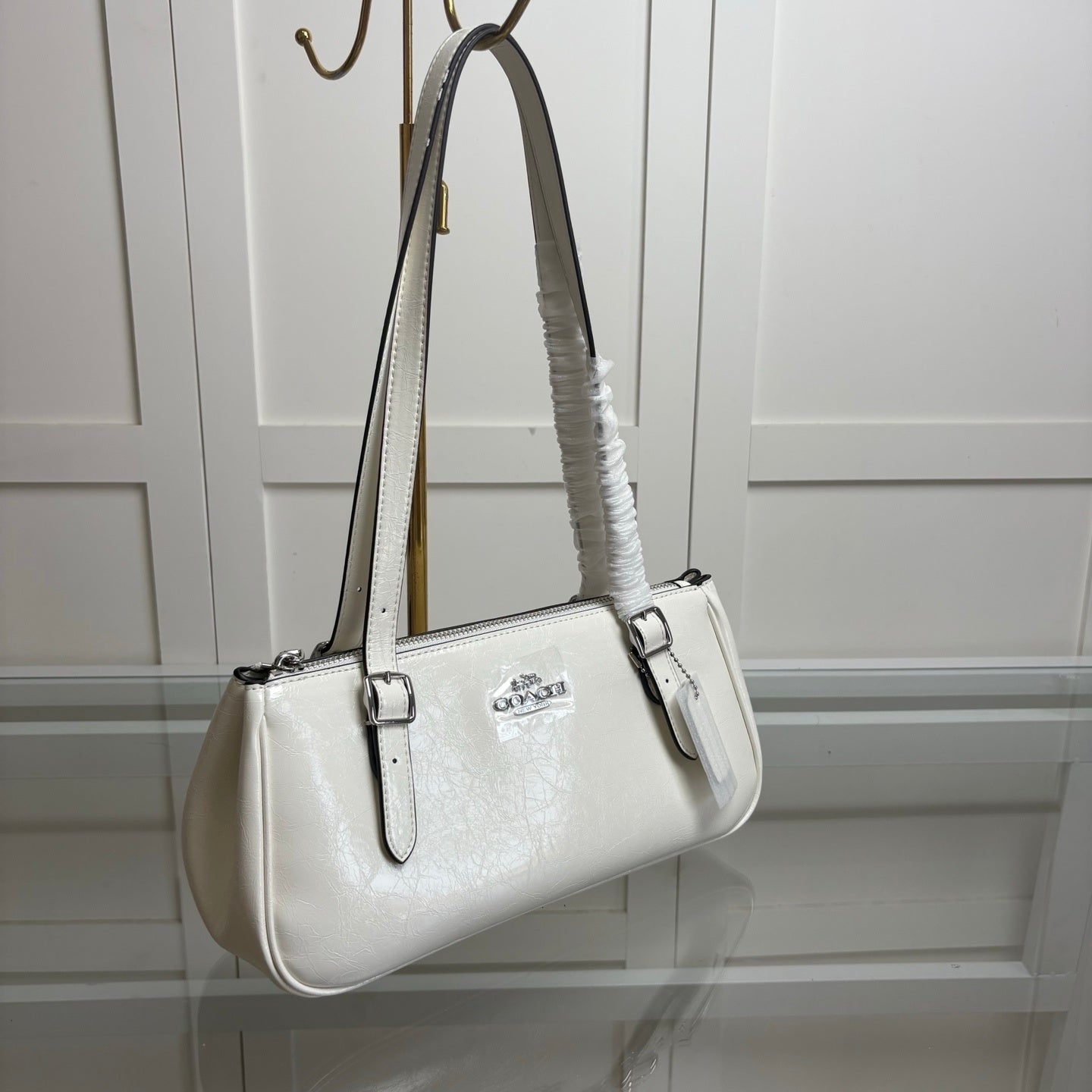 Coach Asher Shoulder Bag Shiny Crinkle Leather White